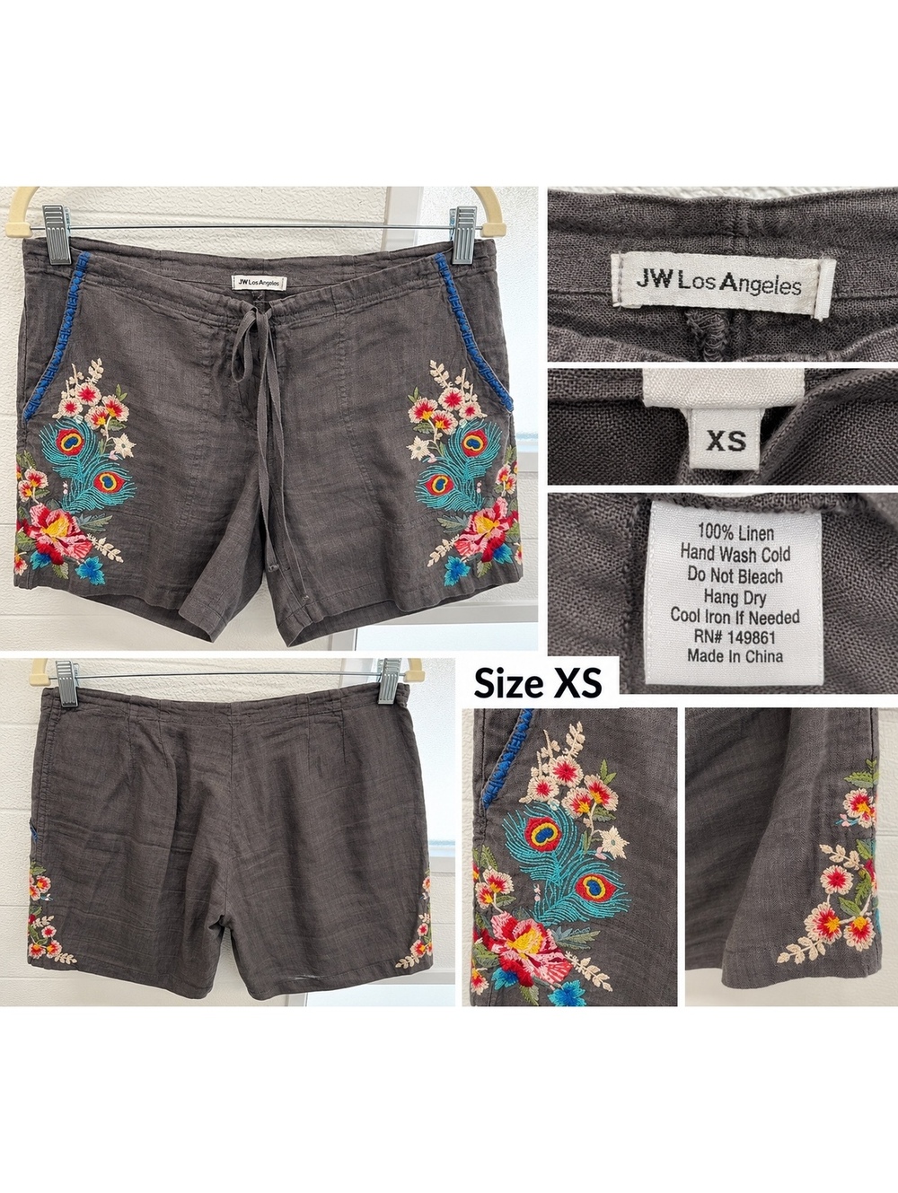 JW Los Angeles Embroidered Linen Shorts Gray Floral Peacock Size XS